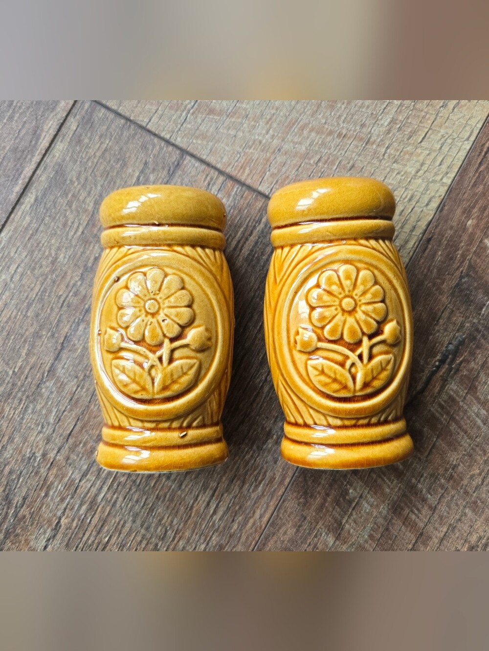 Vintage 1970s MCM Yellow Ceramic Floral Salt and Pepper Shakers Made In Japan